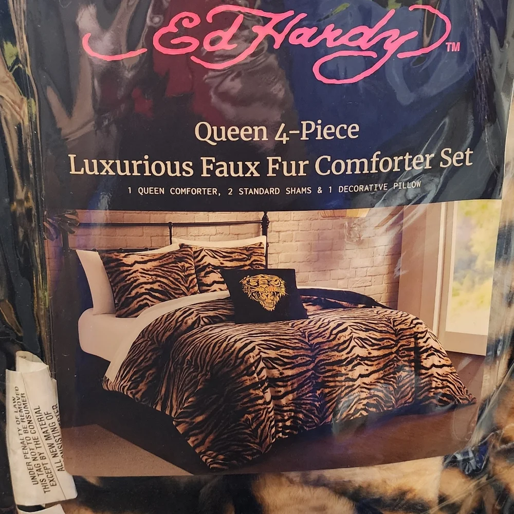 Ed Hardy Queen 4Piece Luxurious Leopard Print Faux Fur comforter set new